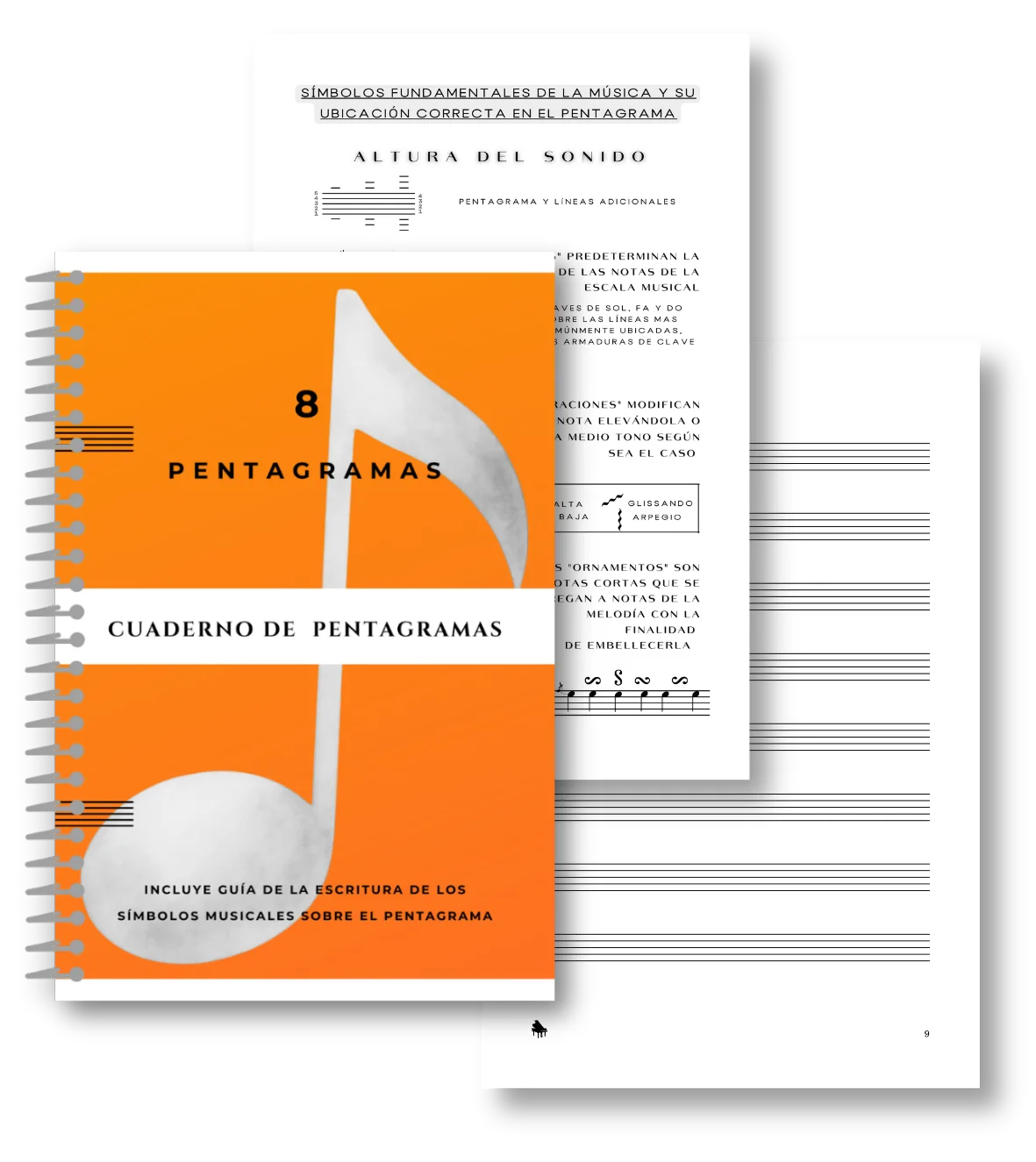 Cuaderno pentagramado con portada naranja